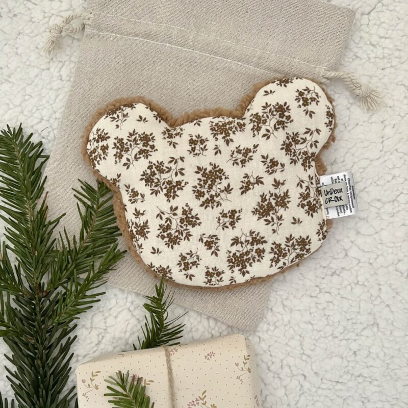 BOUILLOTTE SECHE – OURS - GAZE FLEURS ECRU & CHOCOLAT